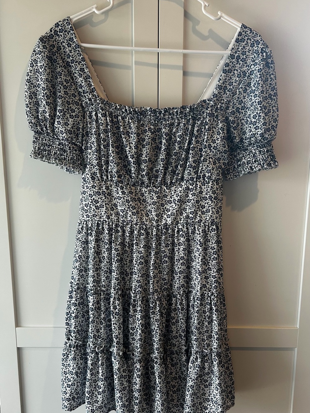 Altar'd State Smocked Puff-Sleeve Floral Mini Dress in Navy and White